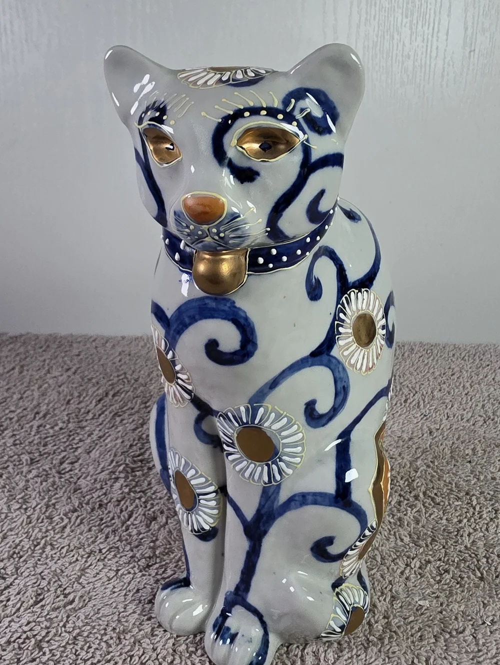Decorative White and Blue Kutani Porcelain Cat Figurine with Gold Accents